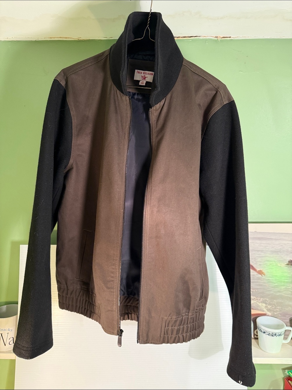 True Religion Brown Body Black Sleeve Bomber Jacket